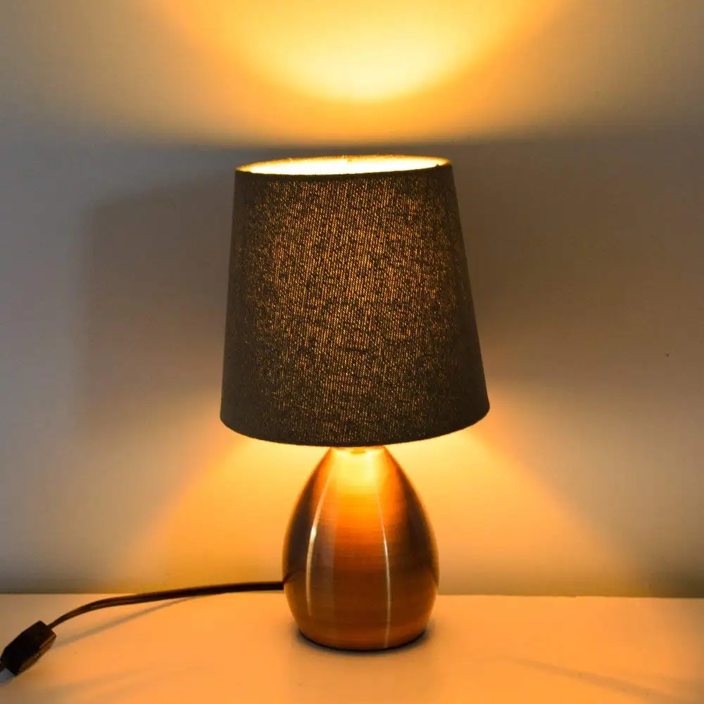 Decor metal base small hotel bedroom bedside side table lamp with fabric for bed room