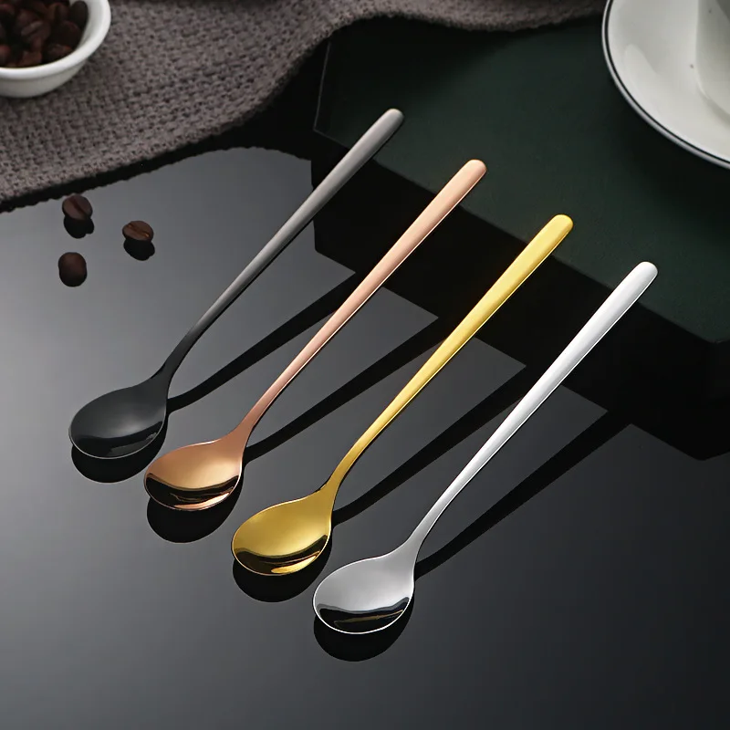 Golden Round Stainless Steel Teaspoon Long Handle Tea Spoon Latte Mixing Gold Cutlery Spoon Set Ice Cream Coffee Spoons