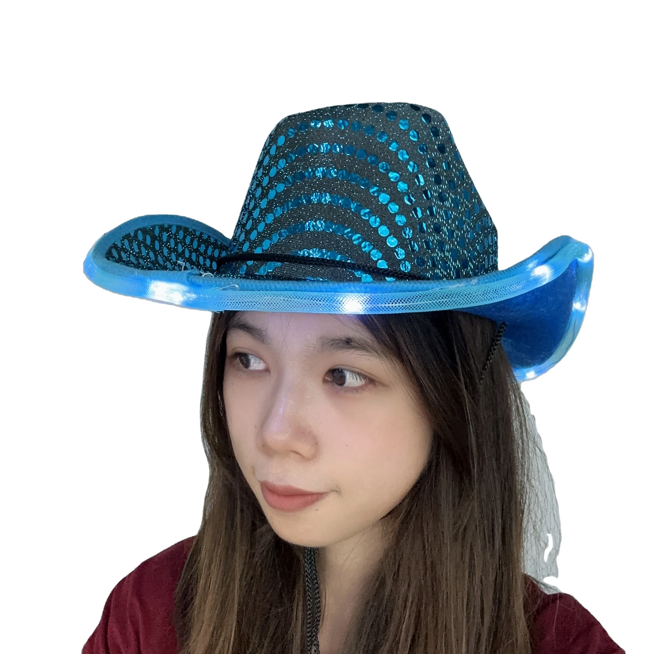 New Color Customized LED Light Up Flashing Sequin Teal Cowboy Hat for Women Girls Teens Adults Western Party Costume