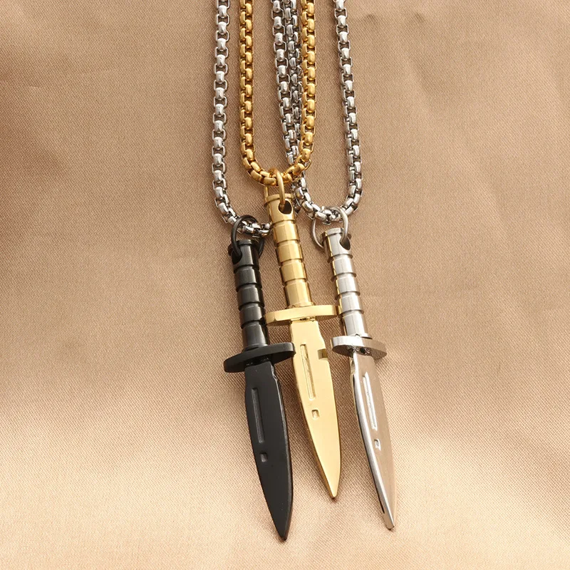 Luxury 316L Stainless Steel Knife Necklace 18K Gold Plated Box Chain Steel Dagger Pendant Necklace For Women