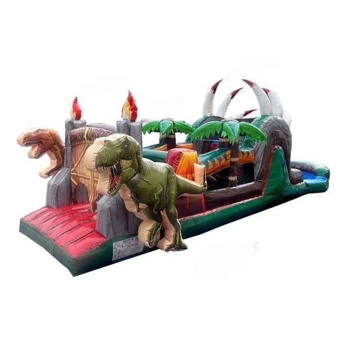 36ft Inflatable dinosaur obstacle wet/dry slide combo Inflatable Jurassic Bouncy Castle Jungle Bouncer Slide with Water Pool