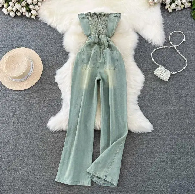 Summer Retro Tube Midriff Outfit Ladies Jumpsuit Casual High Waist Slimming Bodysuits Wide-Leg Jeans Jumpsuit for Women
