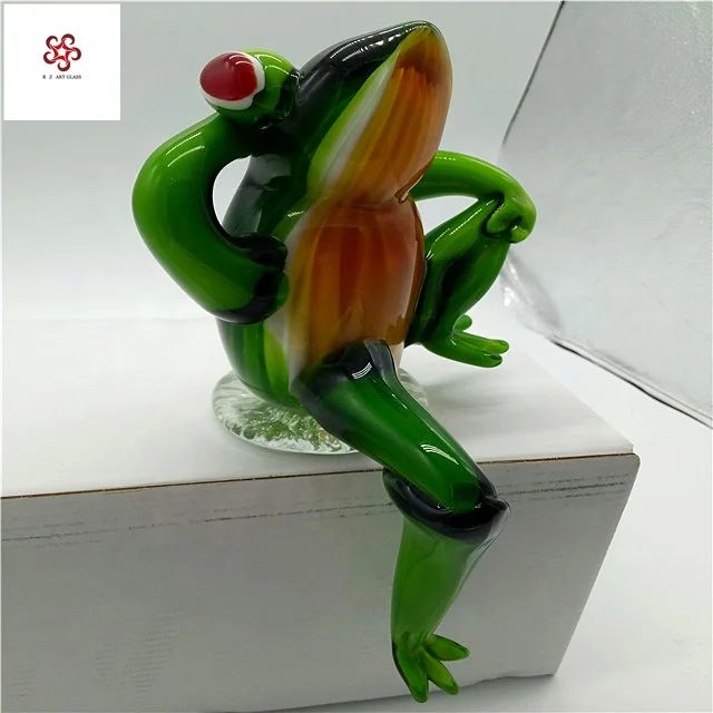Hand Blown Funny Murano Glass Craft Figurine Green Frog