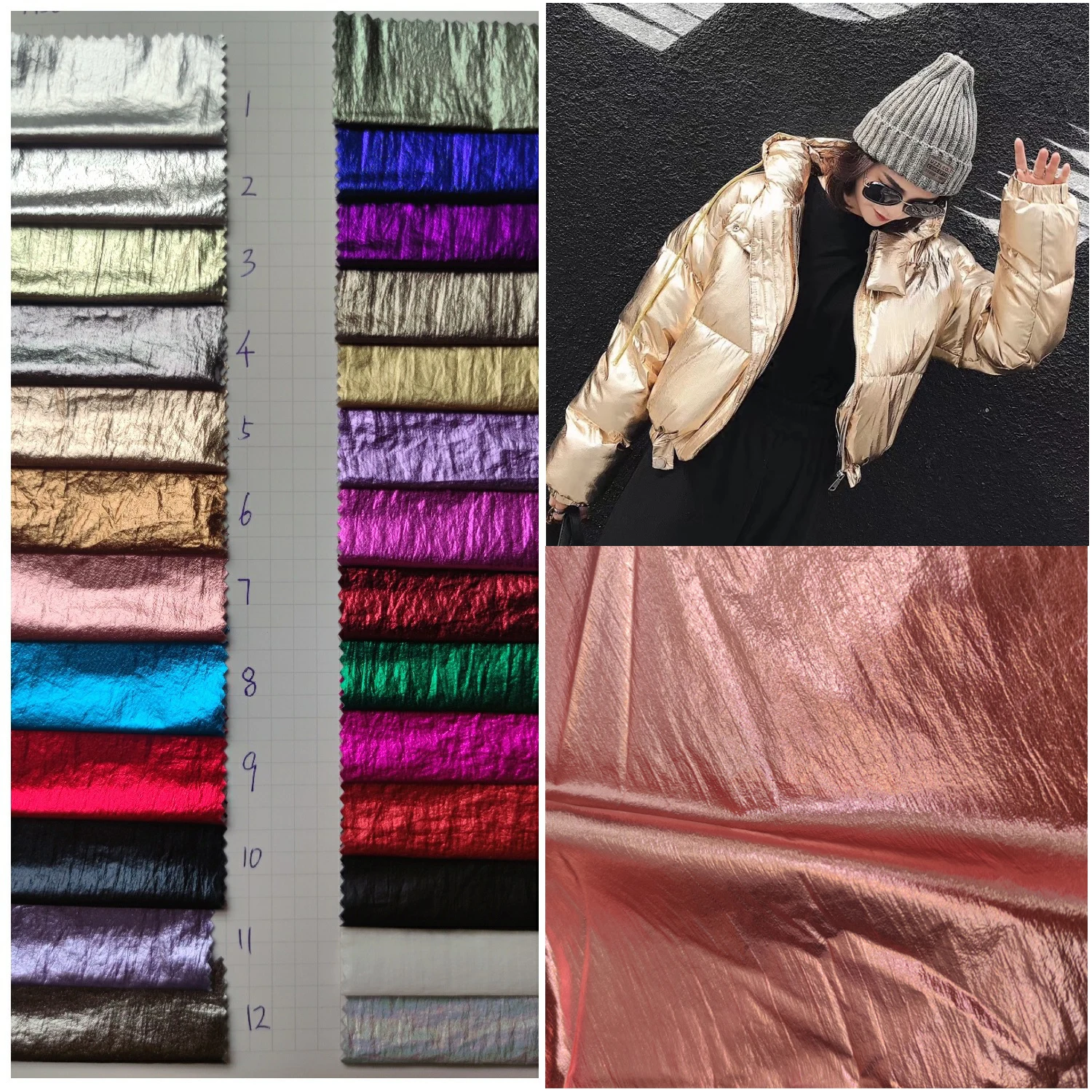 20D nylon 380T wrinkle taffeta golden bronzed PU silver shiny coating glossy fabric waterproof for down jacket &coat bag cloth