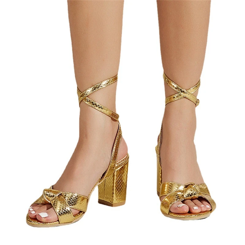 Custom ladies bow round toe sandals high heel cross buckle women open toe sandals