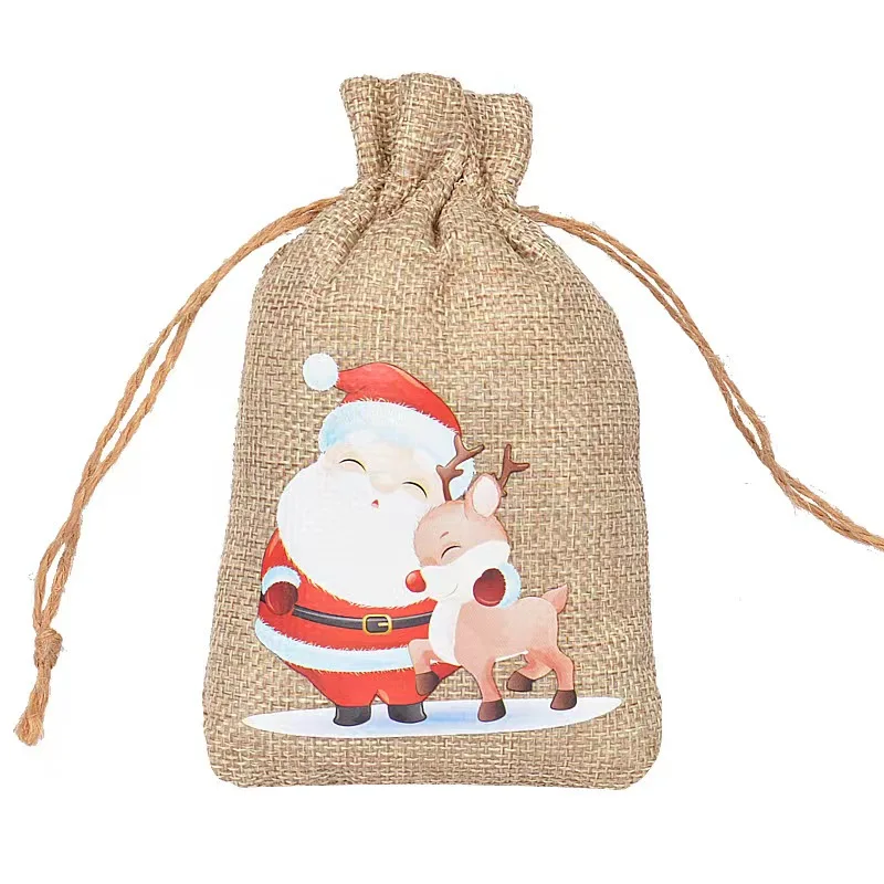 Wholesale Custom Logo Jute Drawstring Storage Bag Snowman Reindeer Santa Merry Christmas Gift Bag for Kids