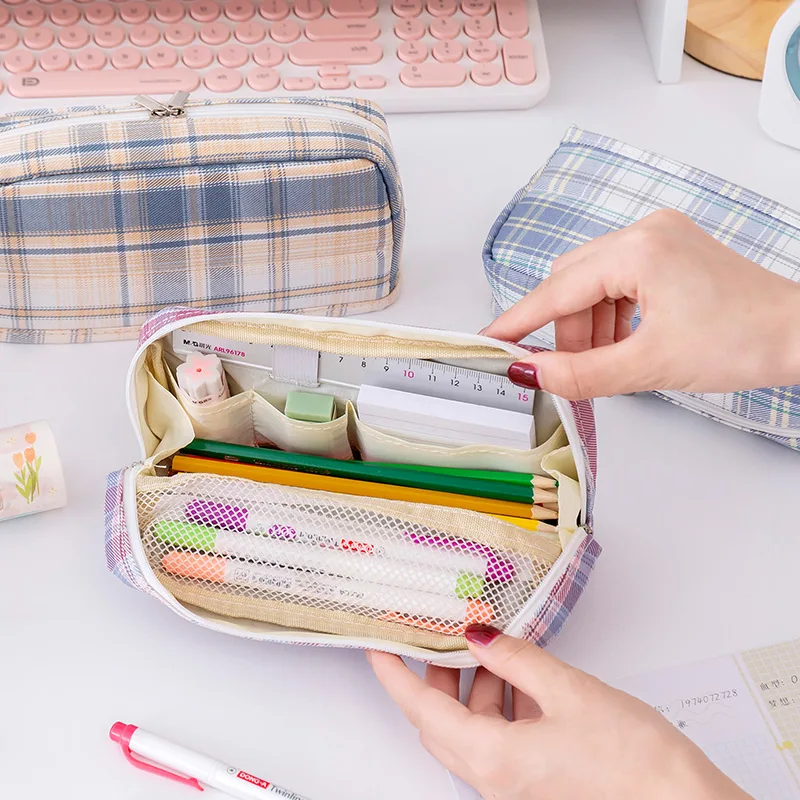 Classic lattice large capacity double zipper canvas student storage box check pattern design zipper fabric canvas pencil case