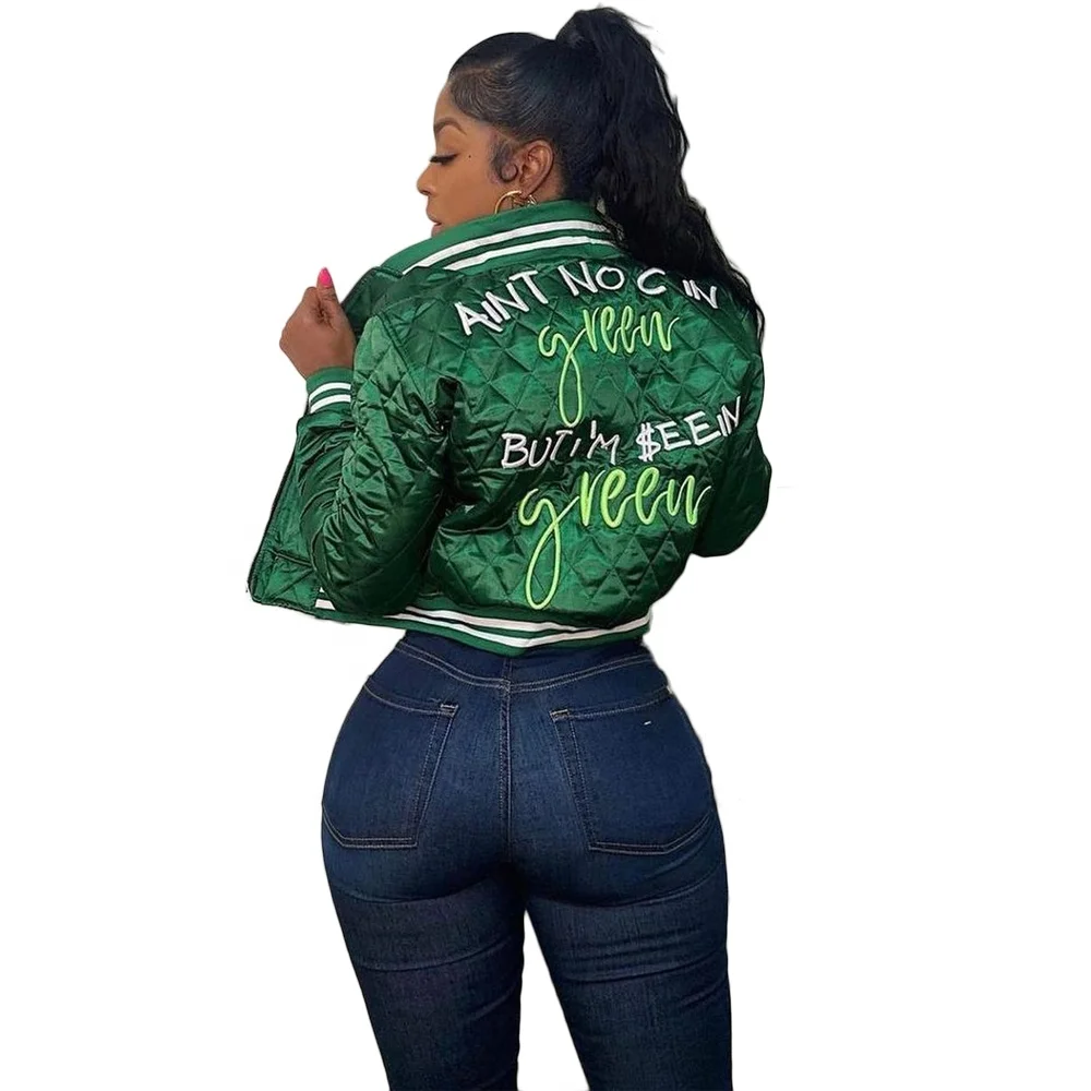 Cowinner Letter Embroidery Cropped Bomber Jacket for Woman