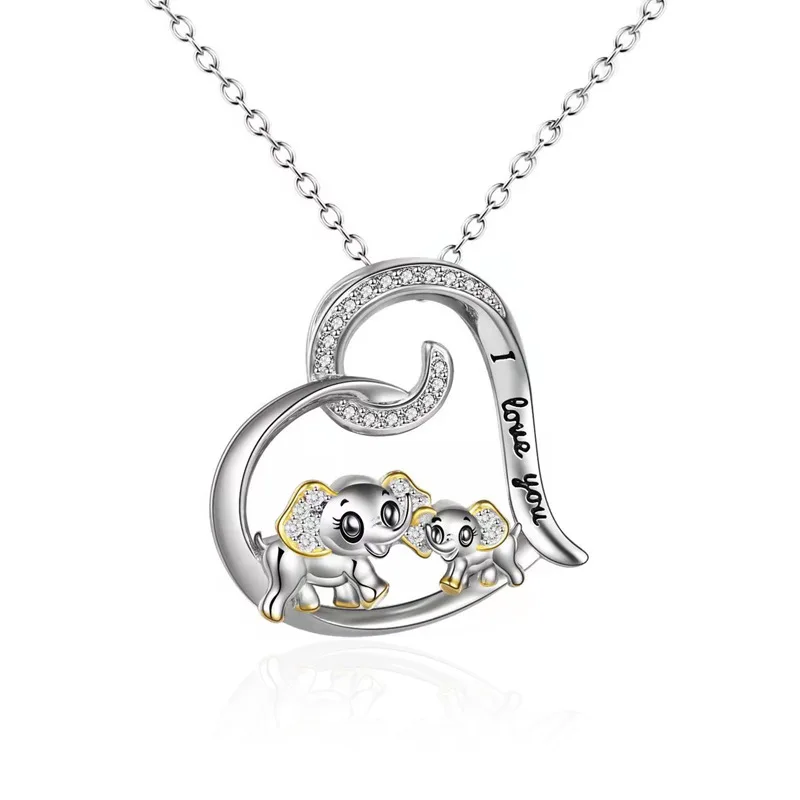 Wish new product lettering I love you peach heart elephant mother and baby elephant clavicle chain mother child Necklace