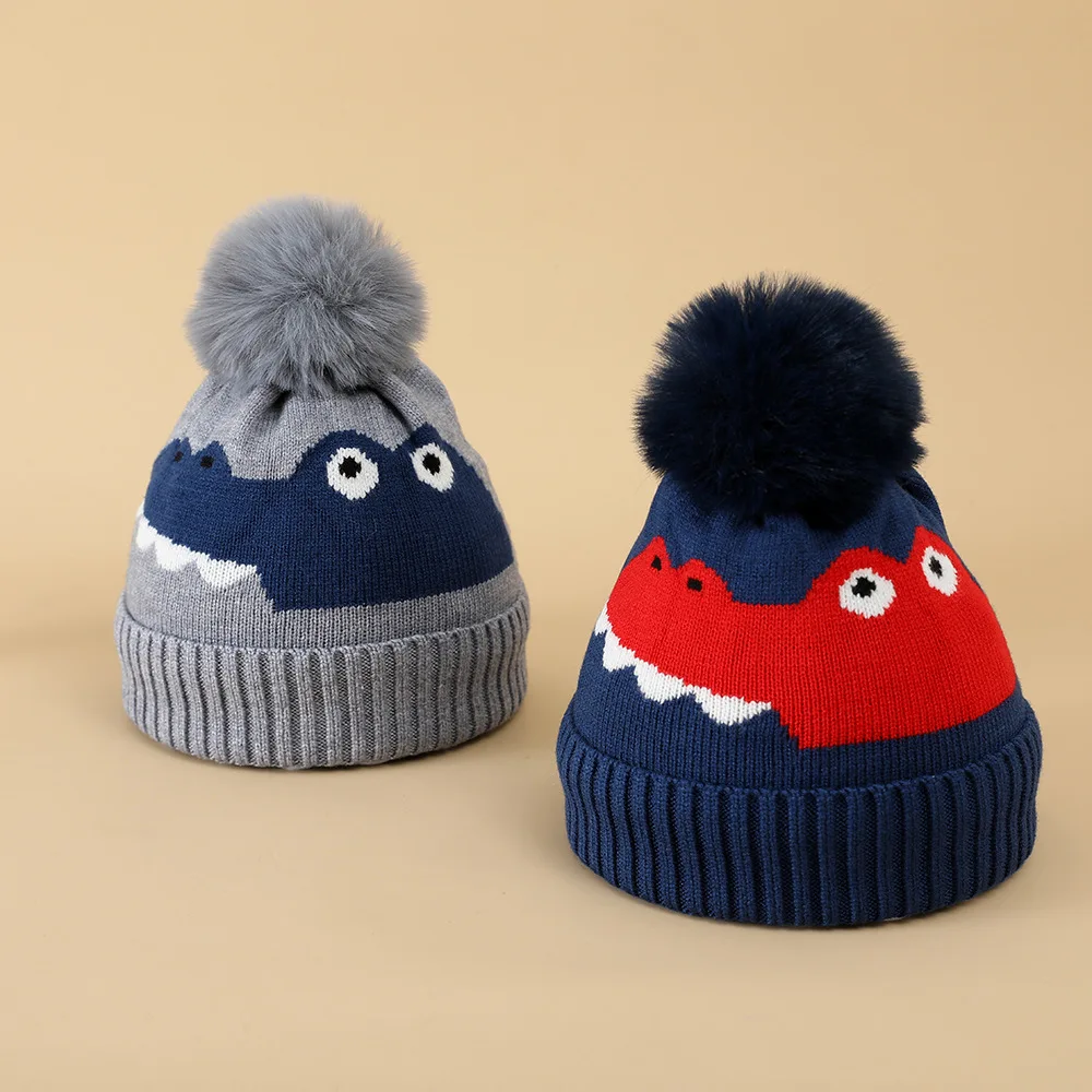Boy Dinosaur Hat Toddler Boys Winter Knitted Beanie  Fleece Lining Cute Pompom Hats Knit Kids Warm Cap Bonnet for Toddler Boys