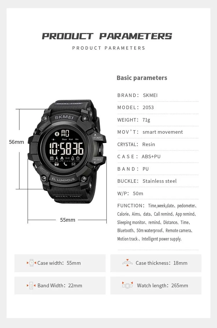 SKMEI 2053 fashion super black mens smart watch latest Silicone band bluetooth step counting running sports watch supplier