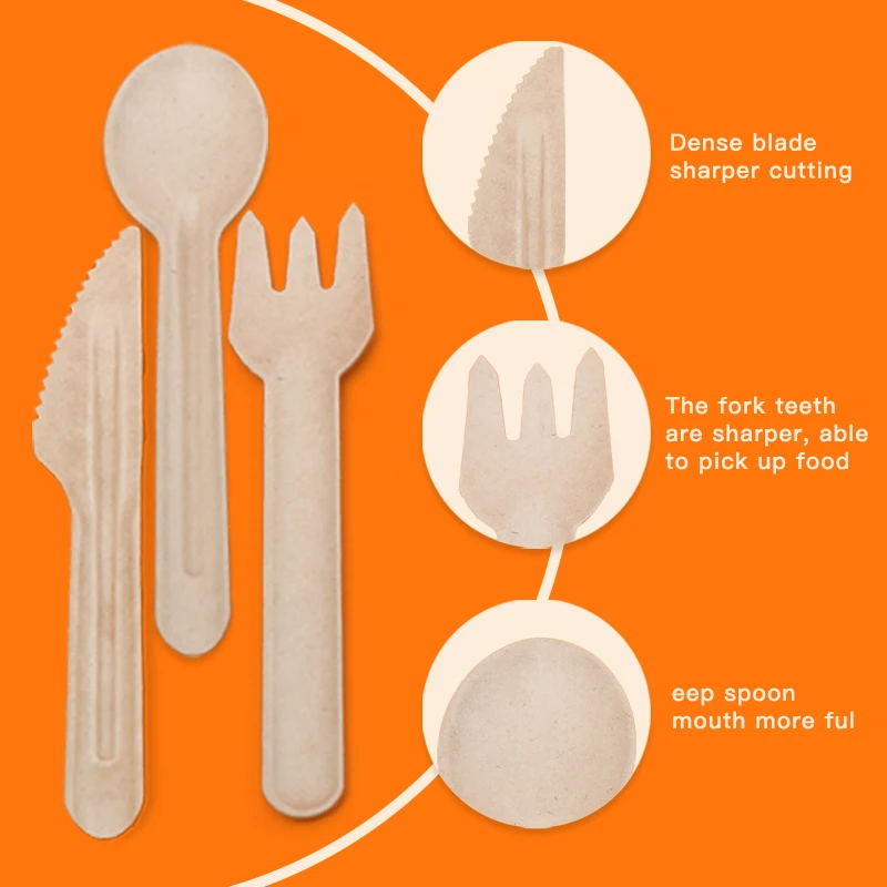 Custom Wholesale Travel Flatware Sets for Wedding Sugarcane Bagasse Disposable Biodegradable Eco Paper Pulp Compostable Cutlery