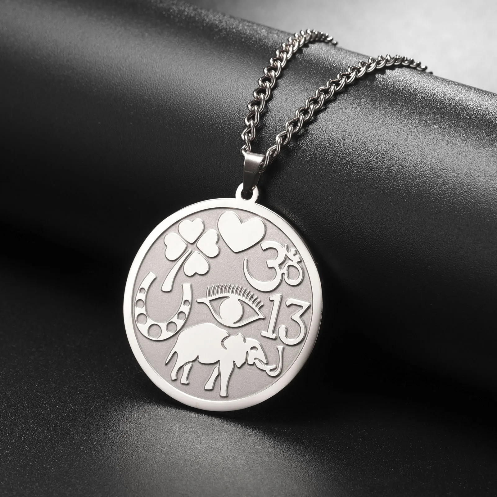 Wholesale  Good Luck  Elephant Medallion Necklace Powerful Protection Amulet Ohm Symbol Horseshoe  Stainless Steel Necklace