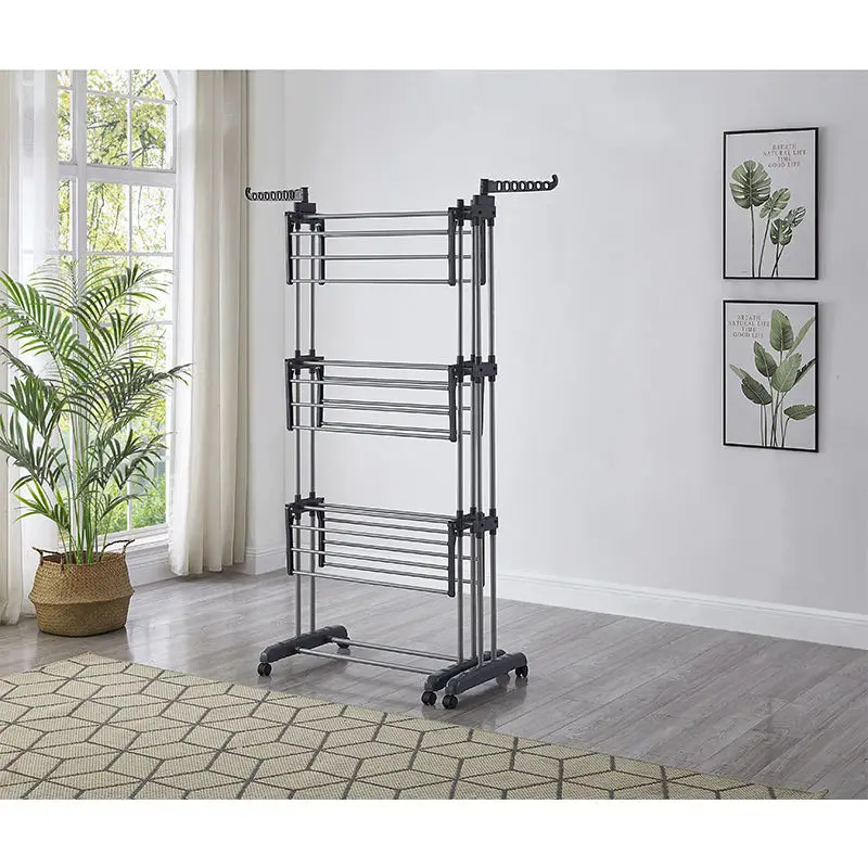 New design multi- layers foldable and duty baby clothes garments hanging dryer Aluminum metal cloth hanger rack with wheels