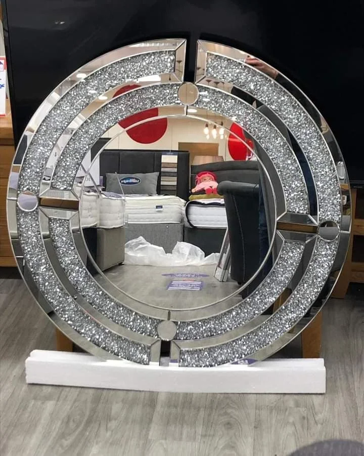 Modern Round Minimalist Crushed Diamond Decorative Wall Mirror Home Decor For Living Room Bedroom