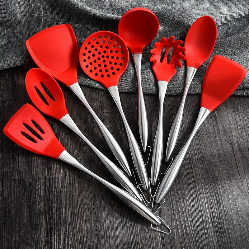 
Best Seller Amazon 8 pcs Silicone Kitchen Accessories Cook Ware Stainless Steel Handle Cocina Utensils 