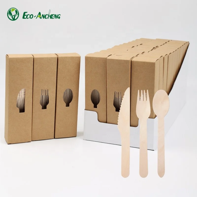 Eco-friendly Degradable High Quality Factory Price Display Box Includes Disposable Forks Spoon Knife Wooden Cutlery