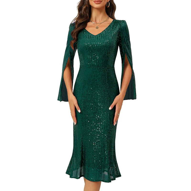 High Quality Luxury Womens Dinner cocktail Ladies Evening Gown Elegant Sequins Party Dresses With Long Sleeve