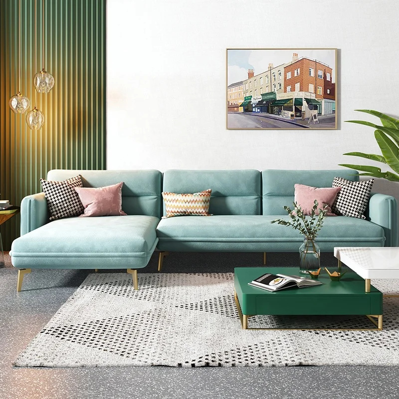 Modern Leisure L-shaped Blue Velvet Corner Couch Set Furniture Living Room Sofa