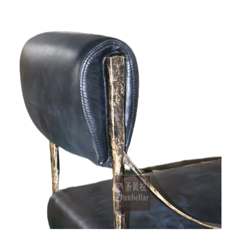 wholesale black leather dining side chair luxury genuine leather metal forged iron chair with back dining room hotel restaurant