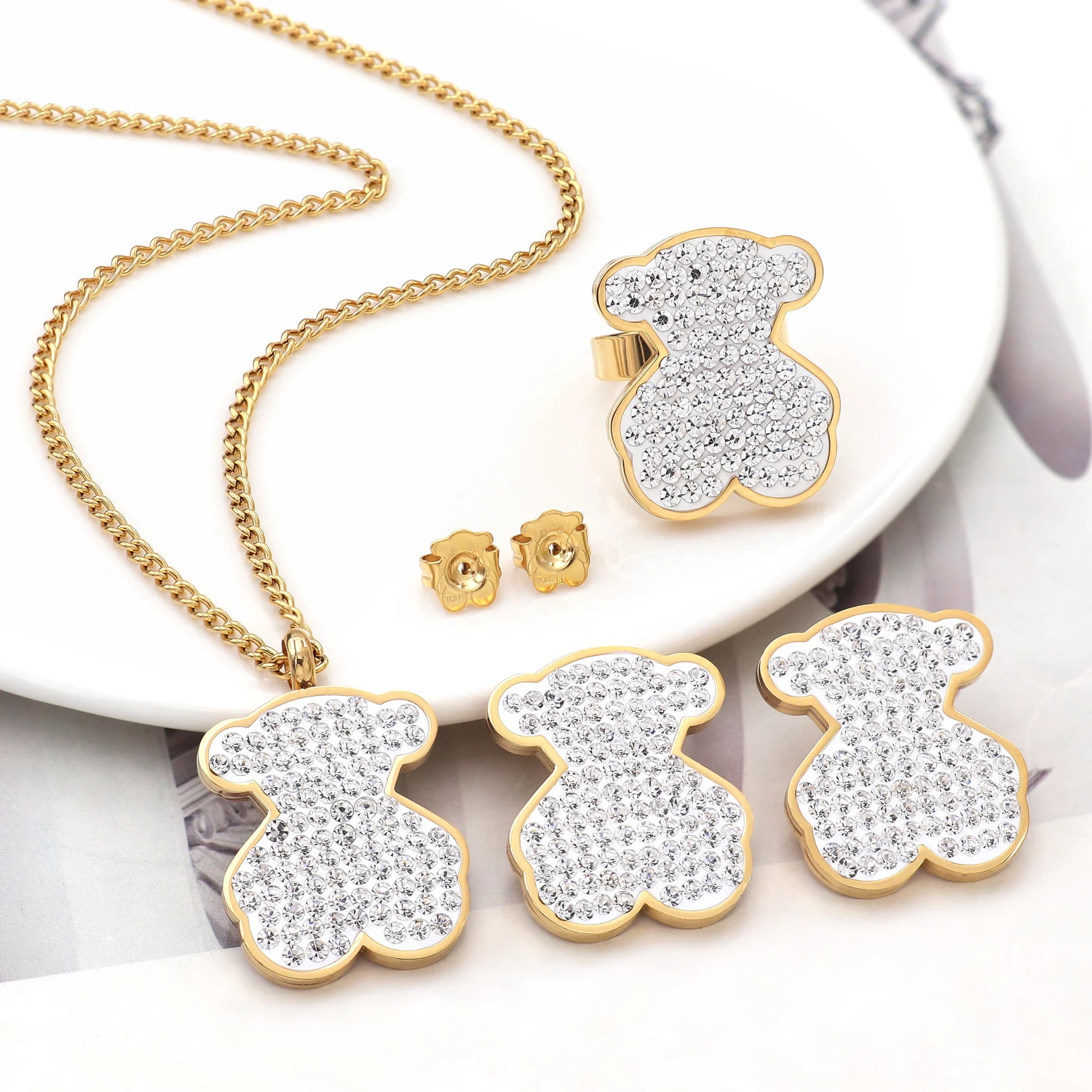 Joyas De Acero Inoxidable Heart Hollow Full Stone Cubic Zircon Crystal Stainless Steel Bear Jewelry Set For Woman