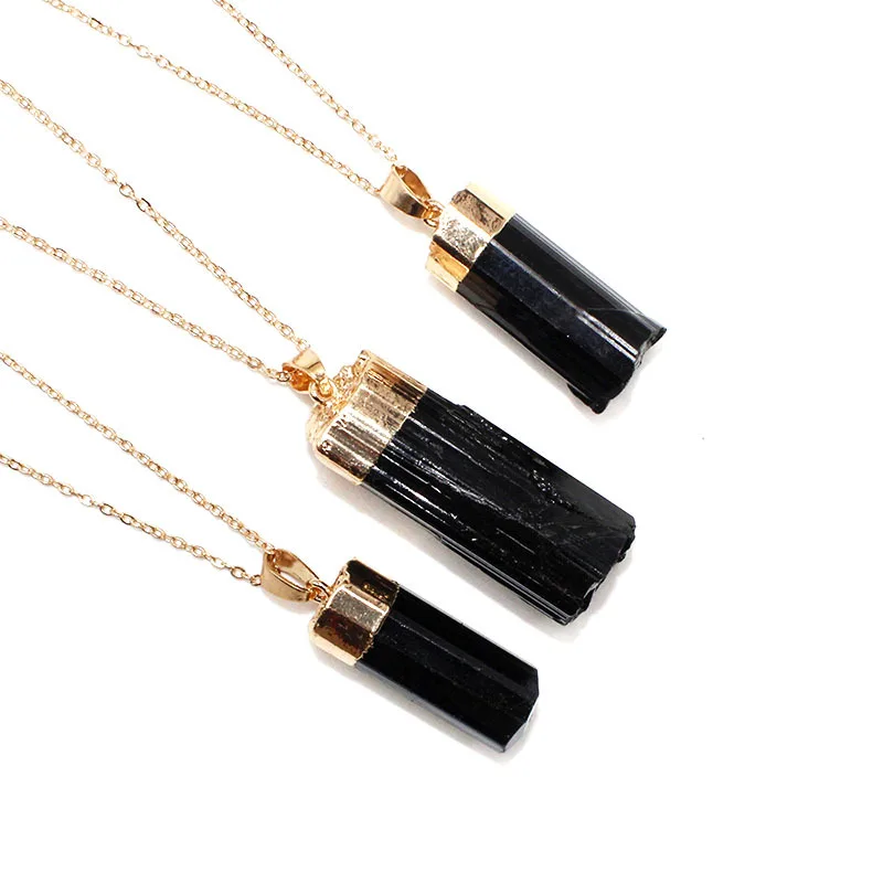 Irregular Natural Black Stone Pendant Necklace For Women Men Accessories Natural Stone Black Tourmaline Pendant Necklace