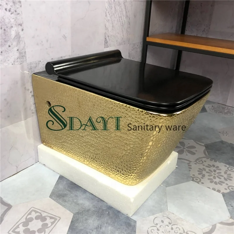SDAYI Bathroom Ceramic Electroplated crocodile Golden Design Rimless Wall Mounted Gold Plated Toilet