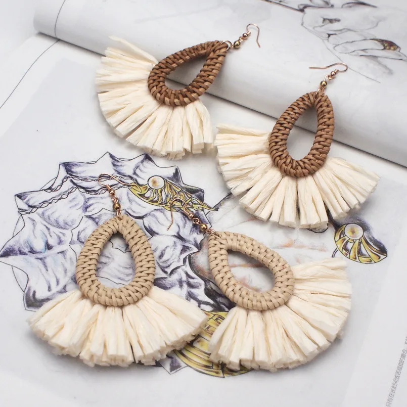 New Korea Bamboo Wooden Straw Weave Rattan Knit Vine Geometric Circle Triangle Long Drop Earrings For Women Girl Beach Jewelry