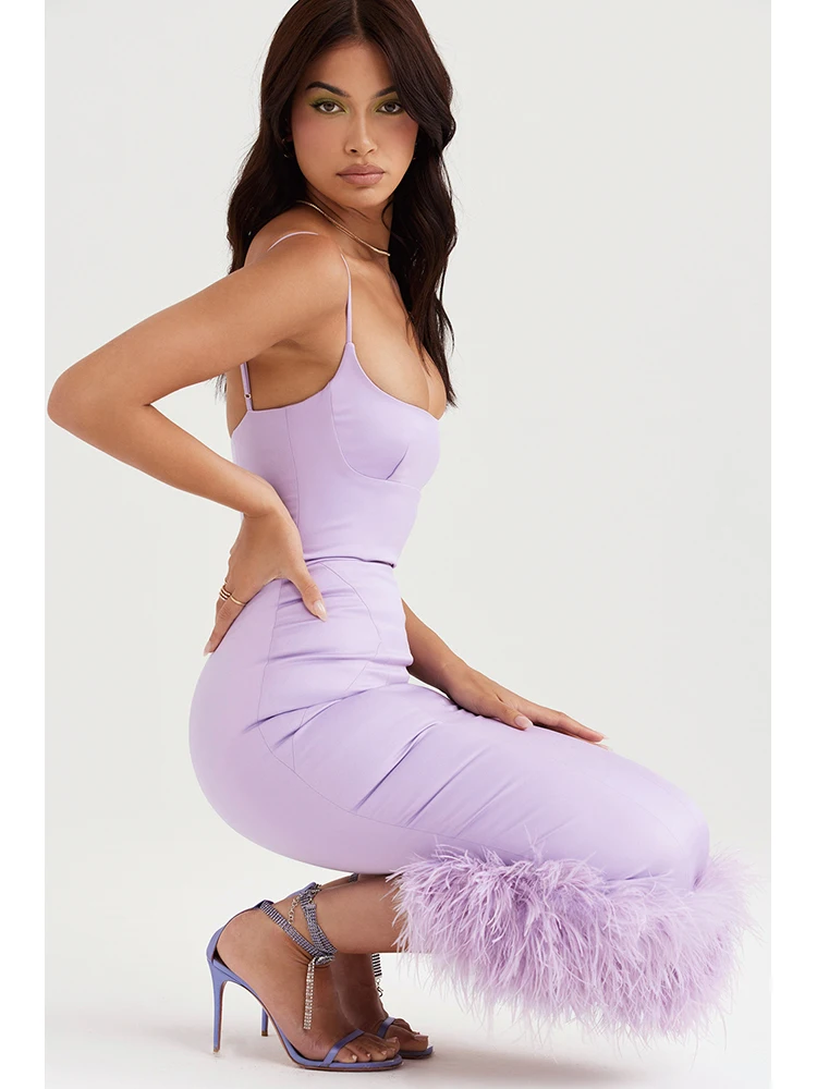 F545 Elegant Fashion Party Dress Leather Square Collar Sexy Bodycon Midi  Backless Spaghetti Strap Women