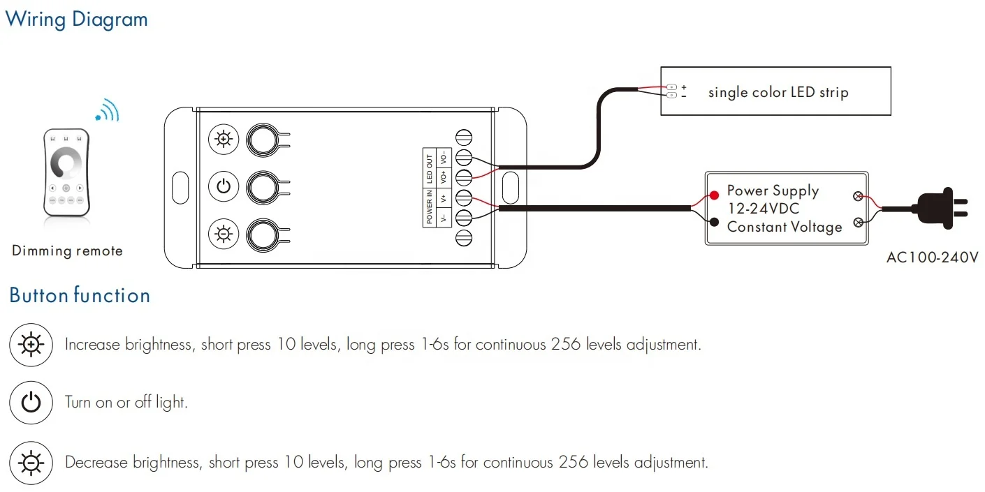 20A 500Hz 2KHz 15A 8KHz 12A 16KHz 0 to 100% 1 channel constant voltage LED RF dimming V1 C LED Dimmer