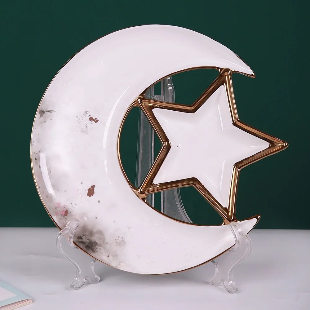 Wholesale Decor Islam Ramadan Custom Cheap Dish White Small Snack Serving Dish Novelty Mubarak  Eid Moon Shape Ceramic Dishes