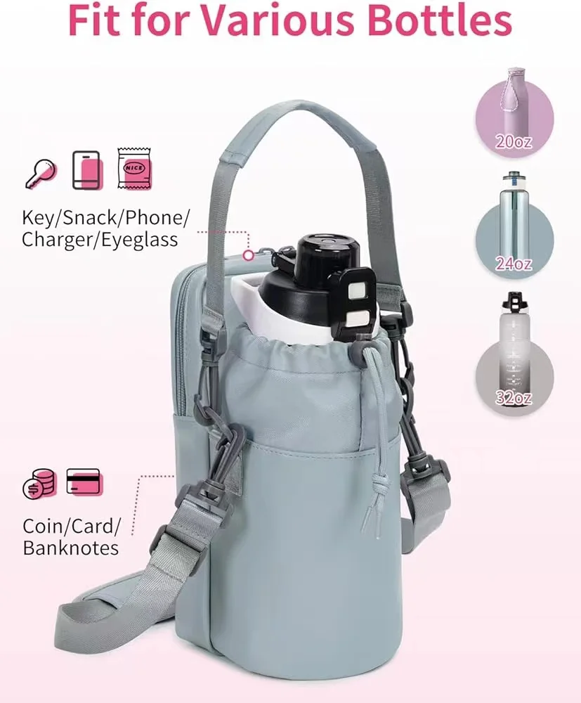 custom drawstring sport PU leather fashion 40 oz unisex school gym hiking cross body water bottle holder with phone pocket bag