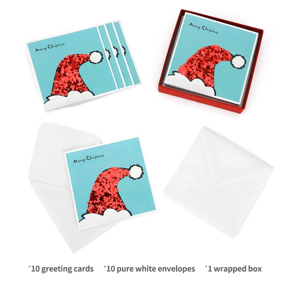 
Wholesale Red Chunky Glitter Cards, Shiny Santa Hat Christmas Boxed Cards 
