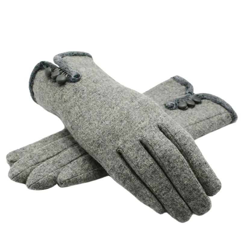 Оптовая продажа, Женские однотонные Дизайнерские теплые кашемировые перчатки на пуговицах, зимние теплые варежки из плотной шерсти и меха