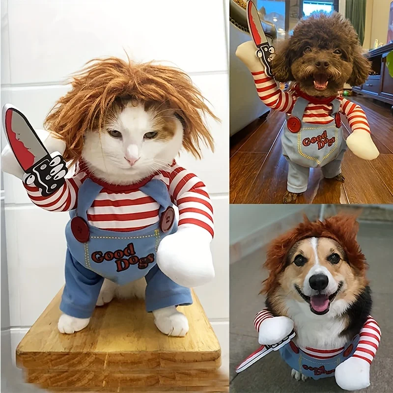 Halloween Transformed Pet Apparel and Wig Funny Bloody Doll With Knife Dog Costume for Holiday Party Pet Supplies