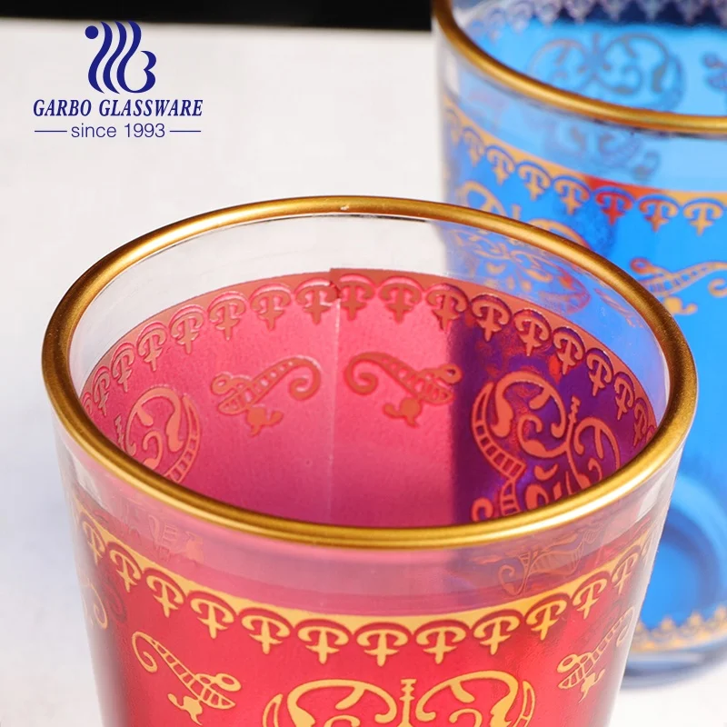 170ml 6oz Factory wholesale colorful decal printing golden rim coffee water tumbler Middle East Turkish Arabic glass tea cup