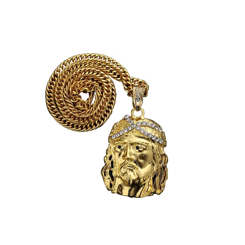 Hip Hop Gold Cuban Chain With Alloy And Bling Rhinestone Jesus Pendant Necklace