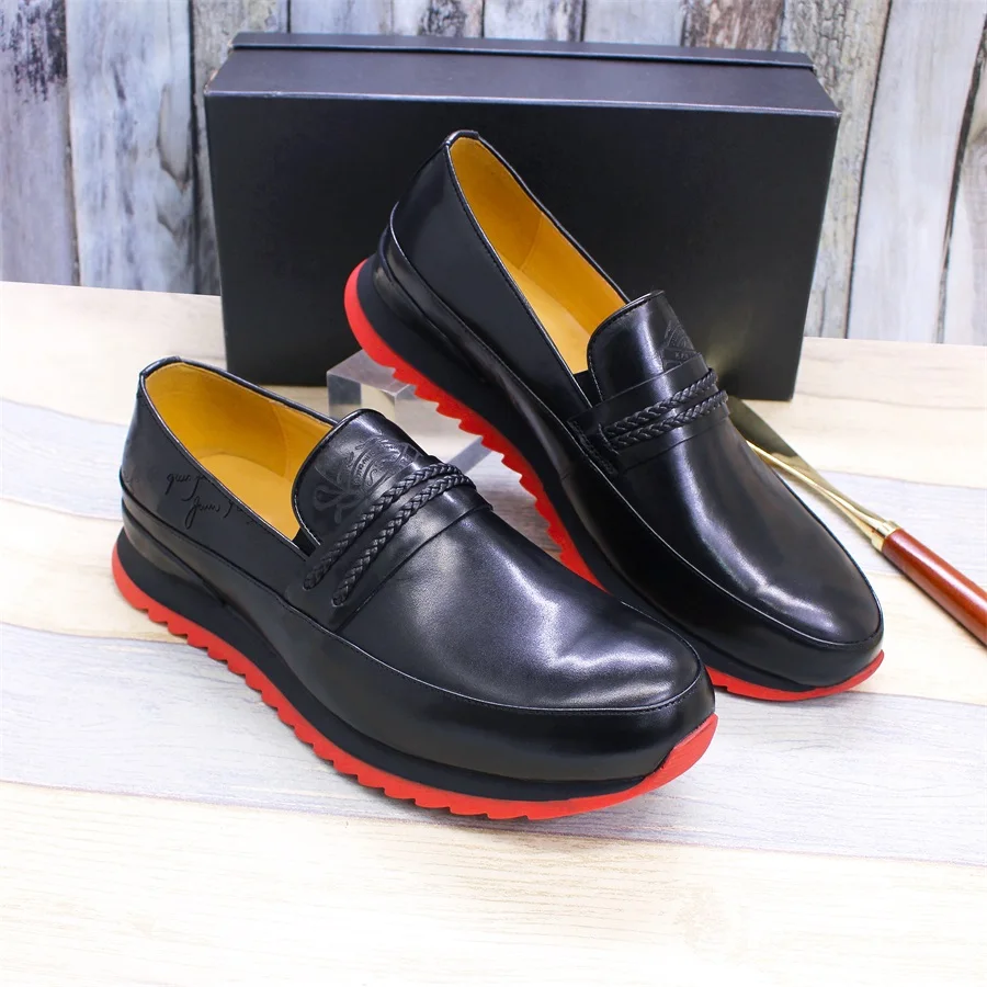 2022 Handmade Genuine Leather Italian Men Slip On Casual Dress Shoes  Laser print pattern Flat Red Sole Walking shoes