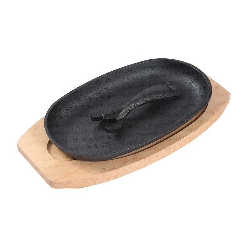 Manufacture Pre-Seasoned Barbecue BBQ Cast Iron Fajita Sizzling Steak plate Pan Tray Set Remove Handle Wooden Base