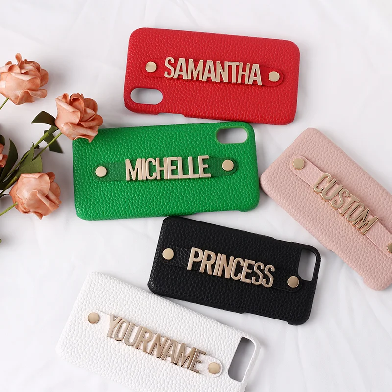 Premium Holding Strap Metal Letter Personalization Leather Phone Case For iPhone 11 12 13 14 Pro Max Mini XS XR SE 7 8 Plus