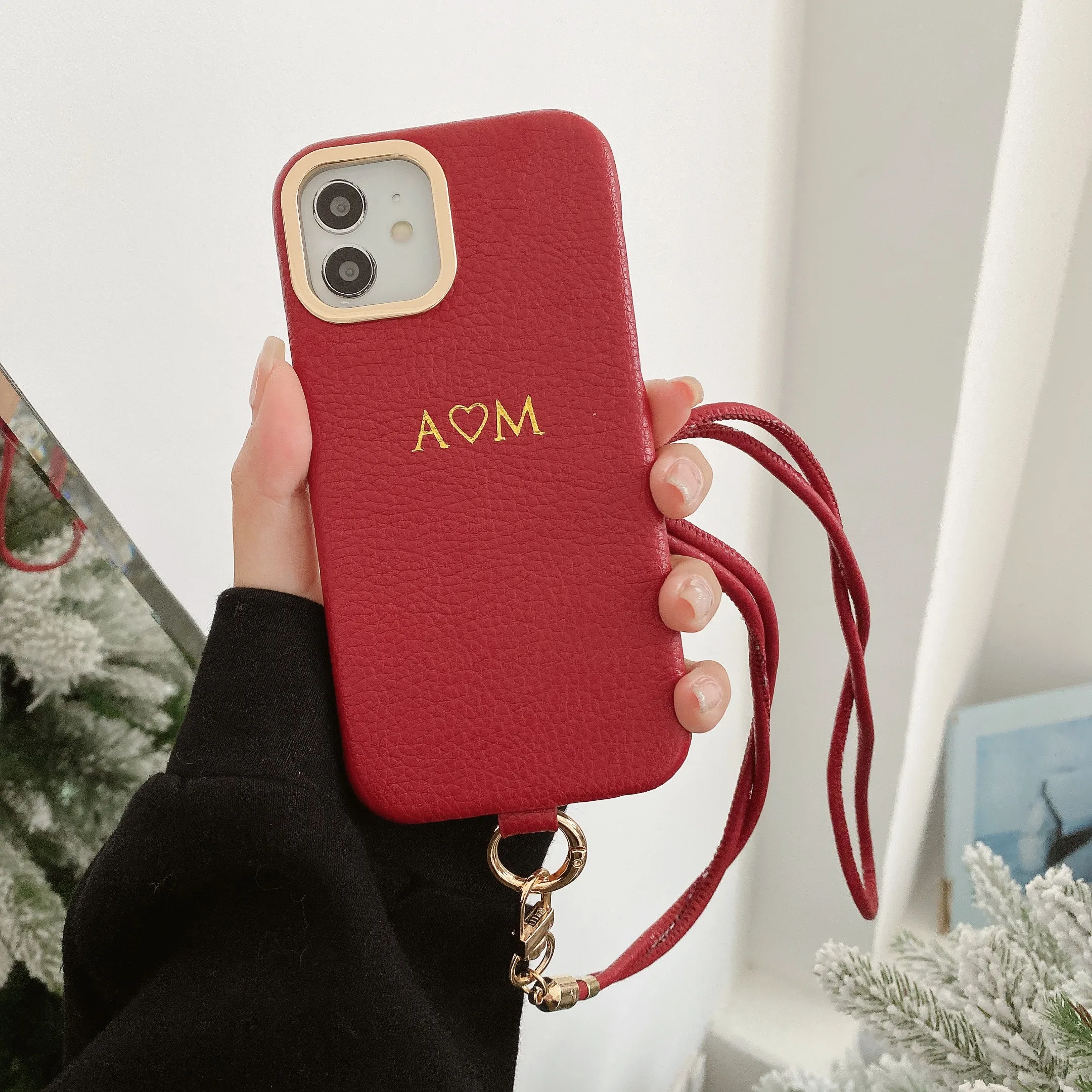 PU leather phone Strap case Shoulder strap foil gold bronzing letter For iPhone 14 14Pro 12 13 XS Max  14Plus Phone Cover