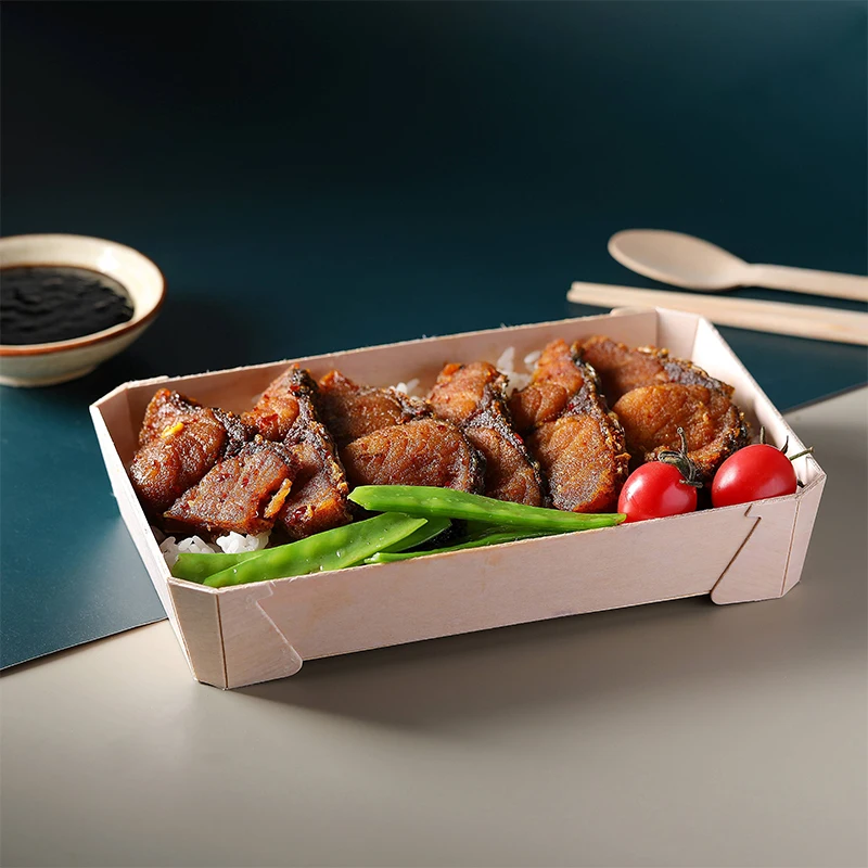 Biodegradable Disposable Wooden Lunch Bento Bakery Sushi Fruits Catering Meal Prep Food Container Takeaway Packaging Box