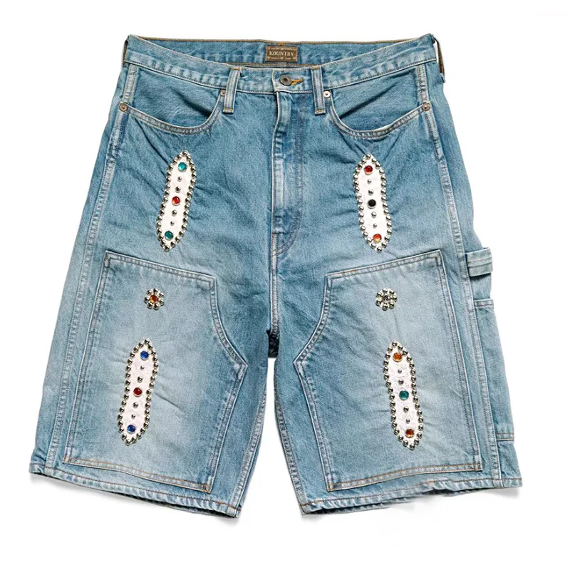 Custom Metal Stud Gem Men jeans Shorts Vintage Streetwear Rhinestone Denim Shorts Men