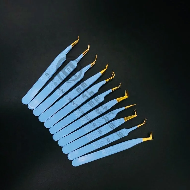Wholesale Light Blue with Golden Tips Diamond Grip Sustainable Eyelash Extension Tweezers Japanese Stainless Steel Custom Logo