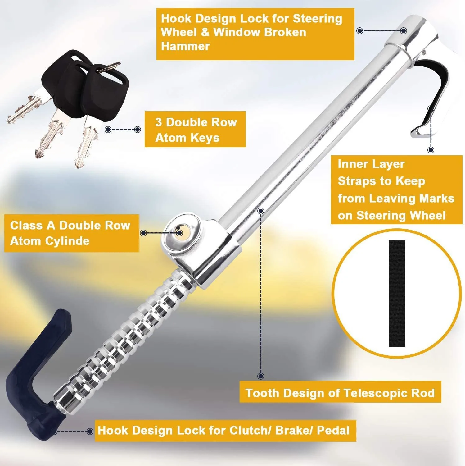 Car Anti-Theft Lock with Three-Section Hook and Steel Material 3 Keys Included for Steering Wheel Security