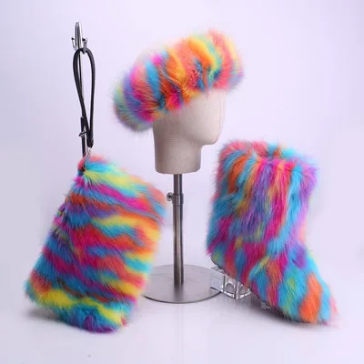 wholesale women real faux fluffy fur boots set  ladies high winter warm furry snow boots with matching purse and headband