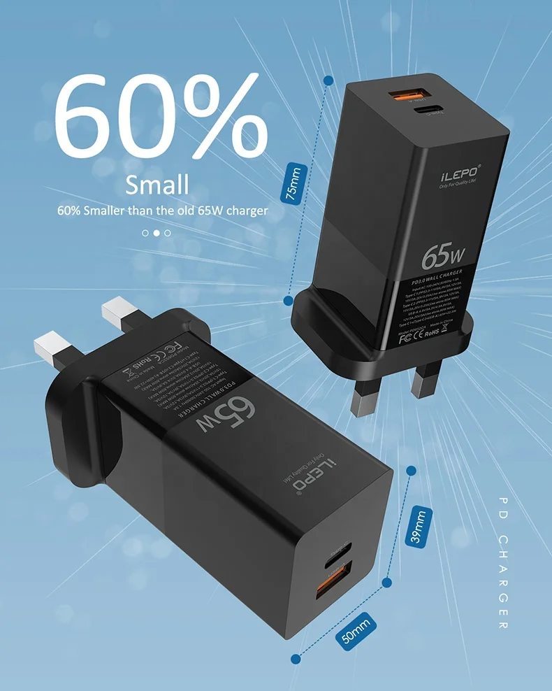
GaN 65w 2 USB ilepo QC4.0 PD3.0 PD charger Quicker USB charger for Laptop Type-c Wall Charge Mobile Phone Charger for iphone 12 