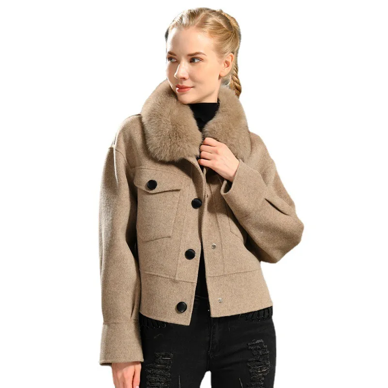 Candy colors women woolen jackets hot sale detachable fox fur collar jackets Spring fashion lady jackets with matching color fur