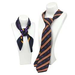 Fashion Formal Stripe Navy Blue Custom Logo Printing Scarf Ties Sets Navy Blue Polyester Company Stuff Necktie Set