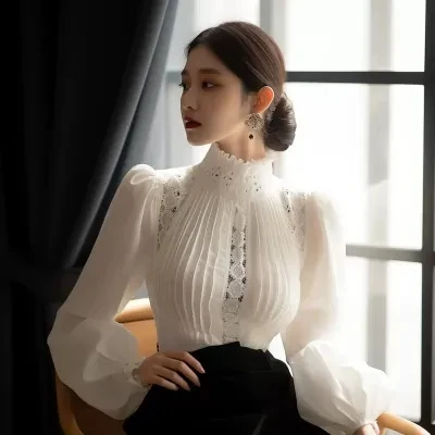 2024 Women Elegant Partywear Blouse White Color Stand Collar Long Sleeve Top Streetwear Slim Fit Blouse Officewear